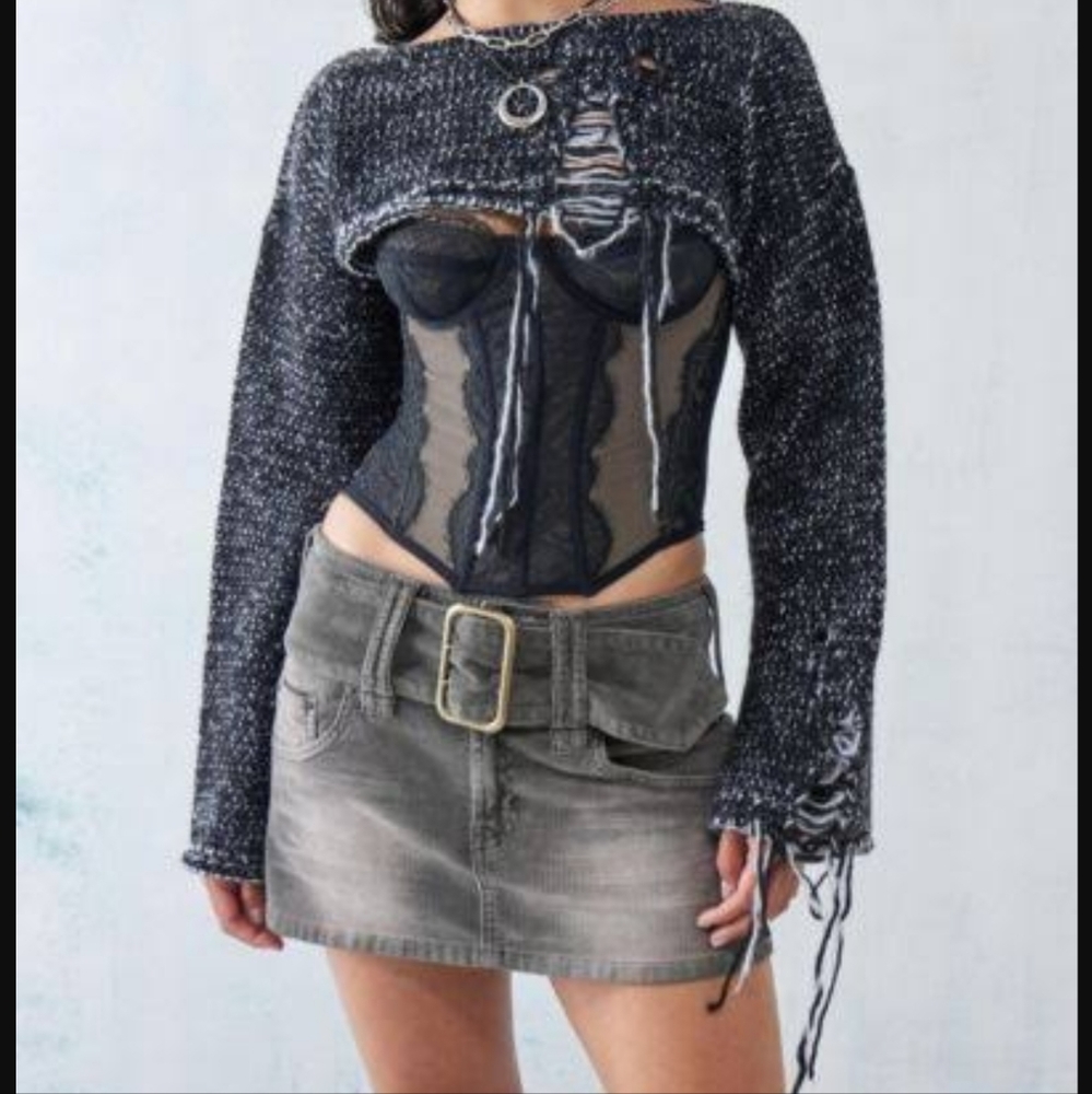UO Twist Knit Distressed Shrug in Black